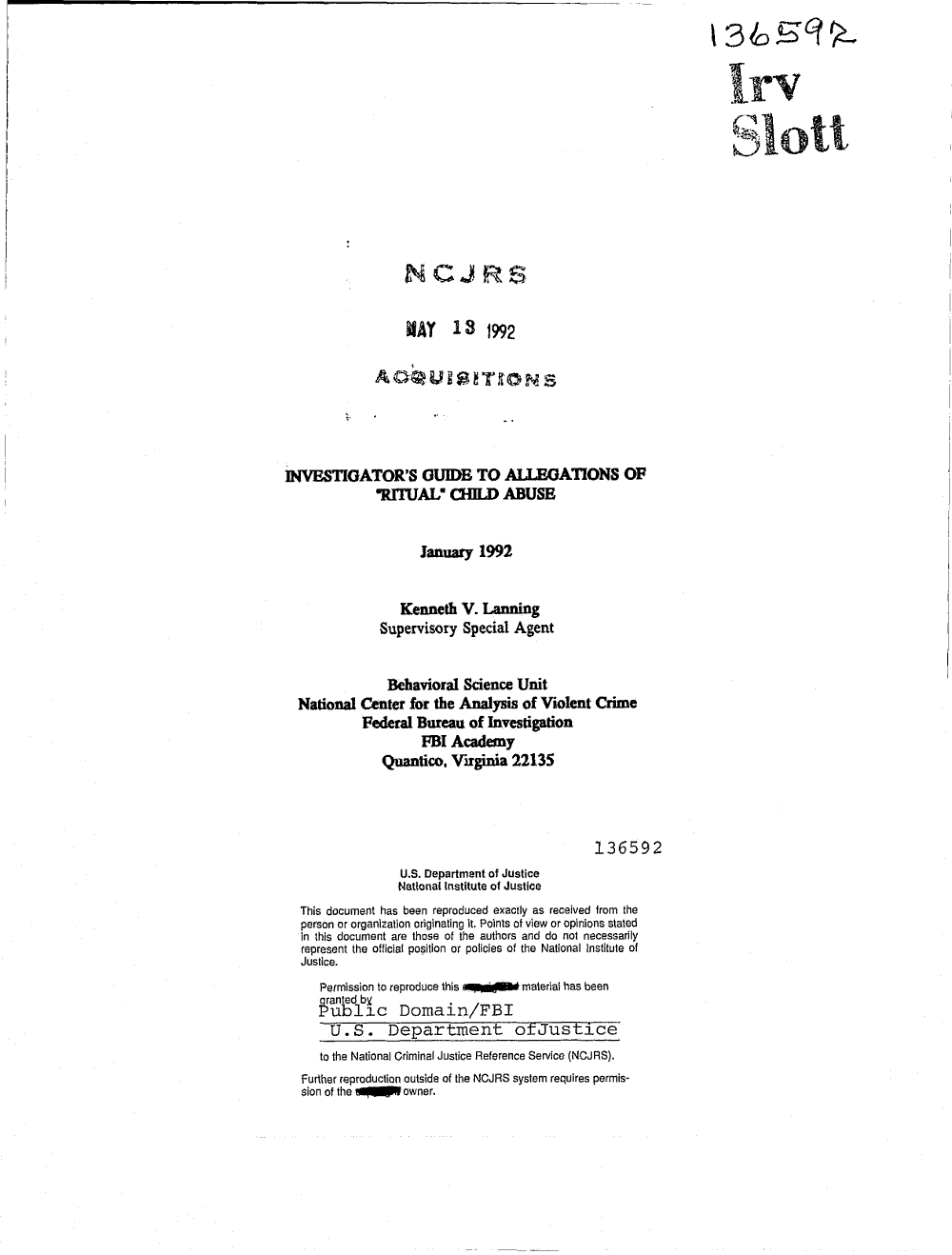 Investigator's Guide to Allegations of Ritual Childhood Abuse, Lanning 92 -- Page 2